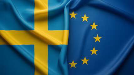 Dynamic Swedish and EU flags waving together showcasing European unity and national pride in a professional studio setting