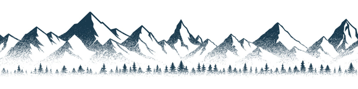 Vector sketch mountains and forest, imitation of a pencil drawing, hatching, seamless border