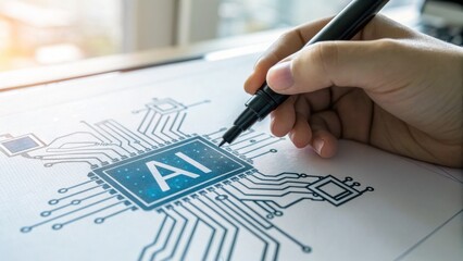 AI growth symbols concept illustrated by hand drawing circuit lines connecting to central AI chip on digital tablet