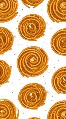 Fototapeta premium A repeating pattern features golden-brown, spiral-shaped snacks with small, scattered reddish particles. The background is stark white