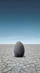 Solitary Dark Brown Rock on Vast Sand Flat Under Blue Sky