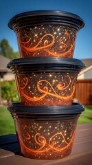 Stacked Amber Plastic Food Storage Containers at Sunset