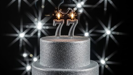 Silver Glitter Birthday Cake with Silver Number 77 Candles and Sparkling Backdrop