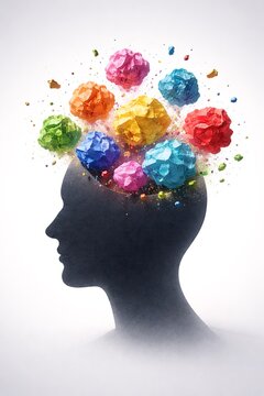 Vibrant thoughts exploding from a human head