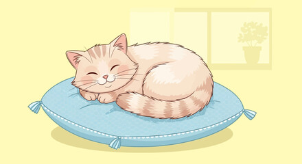 Adorable cartoon kitten sweetly sleeping on a soft blue pillow with a peaceful window background