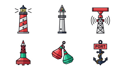 Assorted Maritime Navigation Icons Featuring Lighthouses and Buoys in Various Styles © Anton