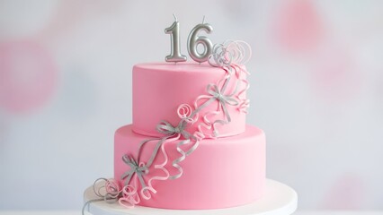 Pink Birthday Cake with Silver Number 16 Candles and Elegant Ribbon Curls