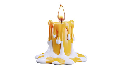 Melting yellow candle with white wax drips and a burning flame
