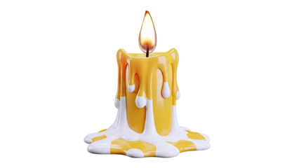 Melting yellow candle with white wax drips and a burning flame