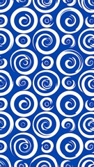 Fototapeta premium A repeating pattern features swirling white spirals against a vibrant, deep blue backdrop, creating a dynamic, abstract design