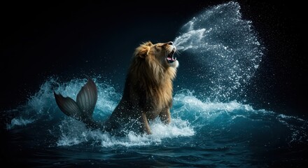 Naklejka premium Mythical aquatic lion creature erupts water forcefully from its open mouth amidst dark ocean waves