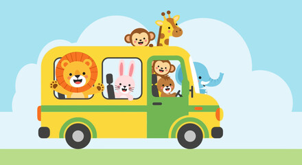 Whimsical animal adventure on wheels a cheerful cartoon bus full of adorable creatures
