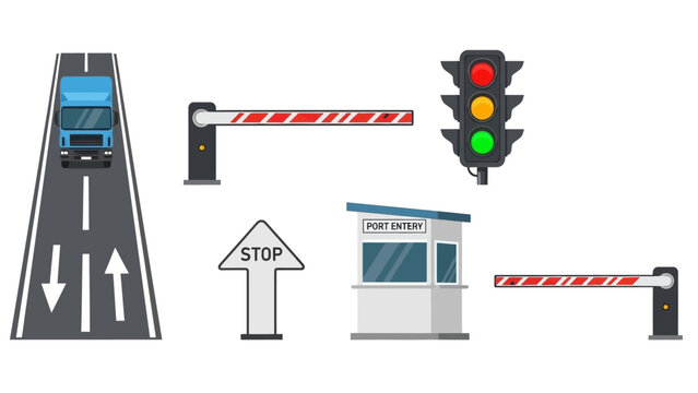 Traffic management system components illustration on white background, featuring traffic lights, barriers, and road signs from a top view.