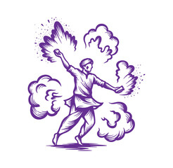 Fototapeta premium man in a martial arts stance with smoke effects around him in purple color