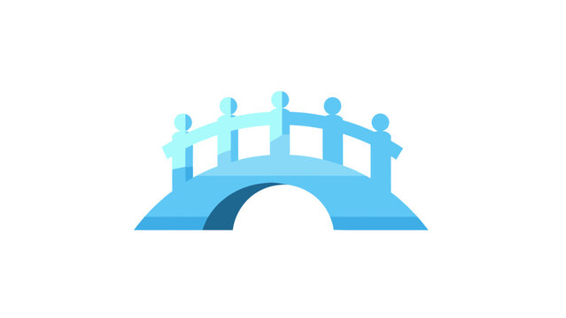 Blue Bridge Icon with Stylized Figures, Simple Flat Design