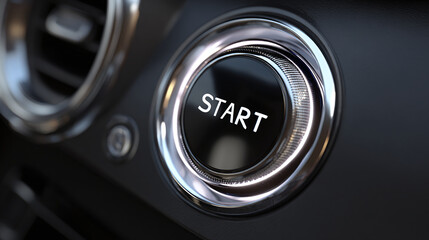 An extreme close-up of a start button. The button is black with the word start written in white, framed by a silver circle. 