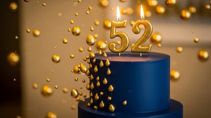 Navy Birthday Cake with Gold Number 52 Candles and Rich Gold Bokeh Droplets