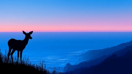 Silhouette of a Deer on Foggy Hilltop at Sunrise