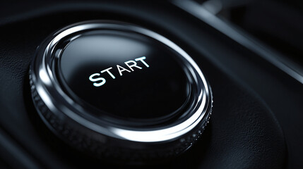 A close-up shot of a car's start button, in a sleek, modern interior. The button is round and metallic, and the word 'START' is clearly visible on its surface