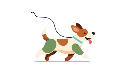 A flat illustration of a happy spotted dog running with a leash trailing behind it