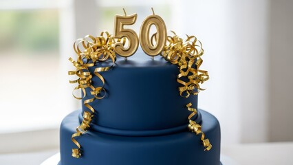 Navy Birthday Cake with Gold Number 50 Candles and Metallic Ribbon Curls