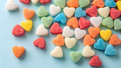 Scattered Heart Shaped Candies, Colorful Sweets on Blue Background, Love Theme