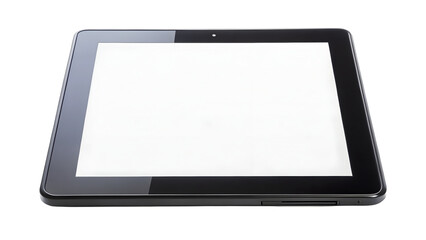 A sleek black tablet with a blank white screen on a dark background