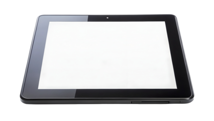 A sleek black tablet with a blank white screen on a dark background