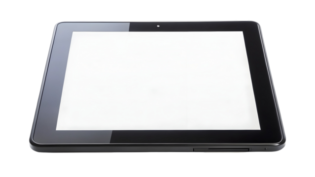 A sleek black tablet with a blank white screen on a dark background - Powered by Adobe