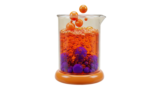 Beaker with Bubbles and Spheres - Powered by Adobe