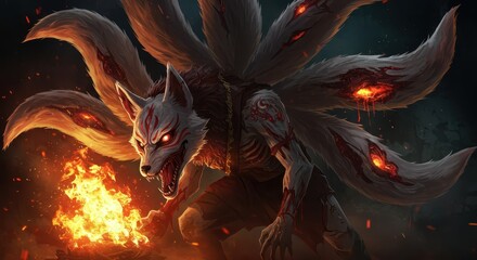 Obraz premium Ferocious nine tailed creature with glowing eyes manifests intense flame