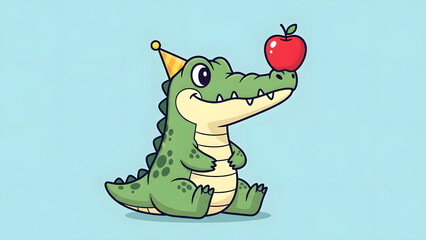A cute cartoon alligator wearing a party hat with a red apple balanced on its snout