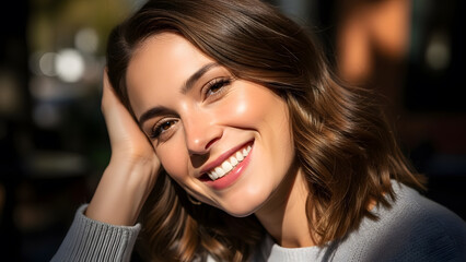 Close up portrait of a beautiful smiling woman with brown hair enjoying the warm sunlight outdoors
