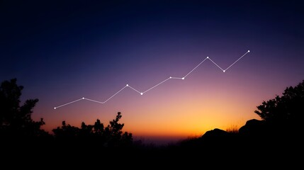 Upward trend line graph against a vibrant sunrise sky over silhouetted landscape