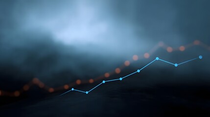 Abstract financial data graph showing upward growth trends with blue and orange lines in a misty atmosphere