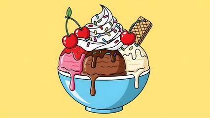 Colorful cartoon illustration of a sundae with three scoops of ice cream topped with whipped cream cherries and sprinkles in a blue bowl