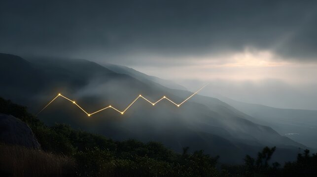 A glowing line graph trends upwards across a misty mountain landscape at dawn with sun rays breaking through clouds