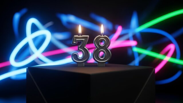 Matte Black Birthday Cake with Silver Number 38 Candles and Neon Like Bokeh