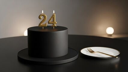 Matte Black Birthday Cake with Gold Number 24 Candles and Minimalist Luxe Style