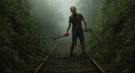 Obraz premium Undead creature stands blocking overgrown abandoned railway tracks shrouded in fog