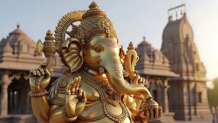 Magnificent golden statue of Ganesha, the elephant-headed Hindu deity, standing gracefully in front of a traditional temple under a clear sky, symbolizing wisdom and prosperity and new beginnings