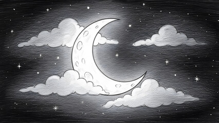 Black and white pencil sketch illustration of a crescent moon and clouds in a starry night sky