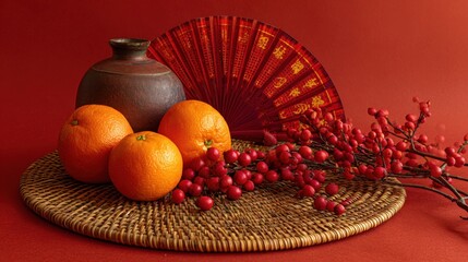 Festive Arrangement with Oranges, Pot, Fan and Red Berries