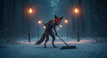 Fototapeta premium Bizarre, menacing creature with glowing eyes sweeps snow on a dark, lamp-lit winter path