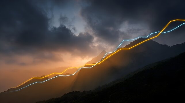 Abstract graphic lines representing growth and success overlaying majestic mountain landscape at golden hour with dramatic clouds - Powered by Adobe