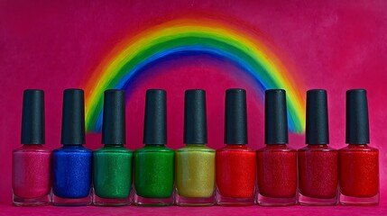 Rainbow Glitter Nail Polish Collection on Pink Background