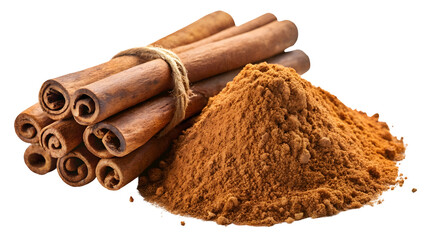 A pile of cinnamon powder and a bundle of cinnamon sticks on a black background