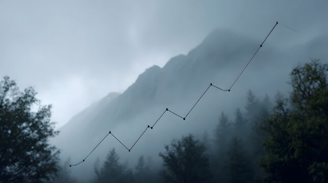 A digital line graph depicting upward growth trends against a backdrop of misty mountains and dense evergreen forests - Powered by Adobe