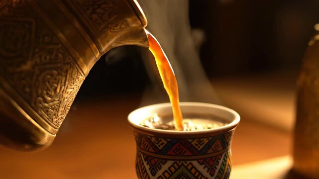 Traditional brass coffee pot pouring dark coffee into a decorative cup in slow motion.