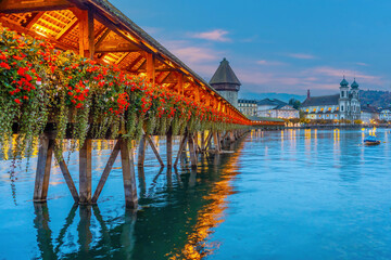 Lucerne city skyline with the Chapel Bridge,  Switzerland